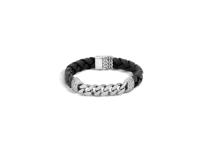 Rhodium Plated Mens Curb Leather ID Bracelet